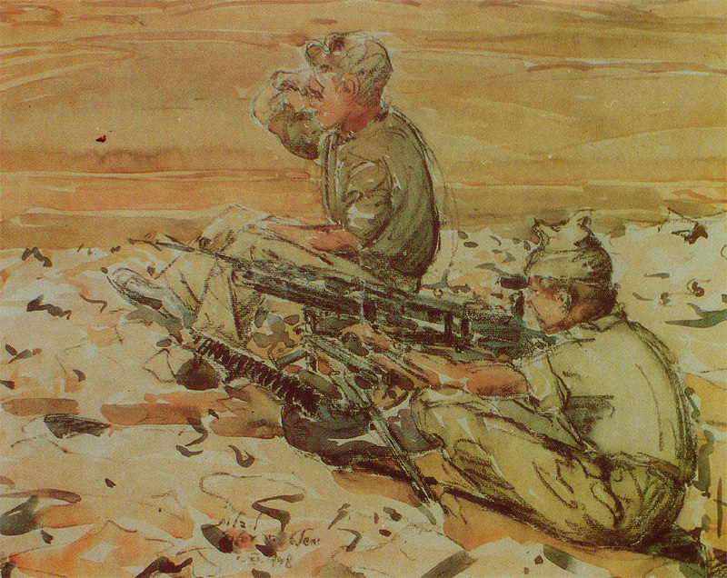 תמונה מפעילי מקלע בביר עסלוג'. מציוריו של הצייר הירושלמי לודוויג בלום.
